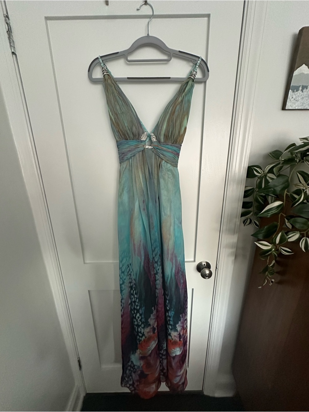 Elegant Teal Ombre Maxi Dress with Embellished Waist and Straps